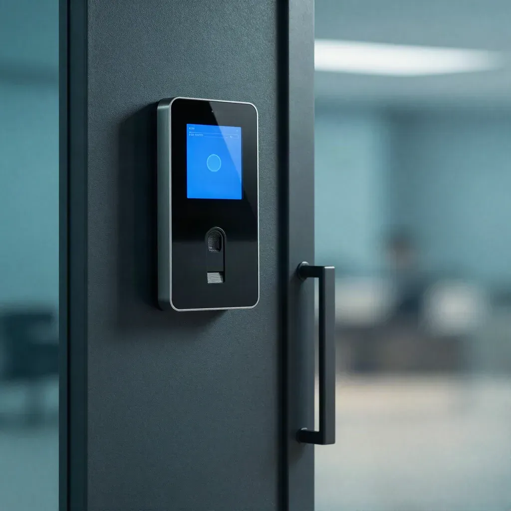 Terminal biométrica de asistencia con pantalla y lector de huella junto a la puerta de una oficina