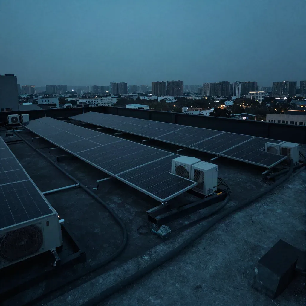 Azotea de un edificio con paneles solares y equipos de aire acondicionado al anochecer