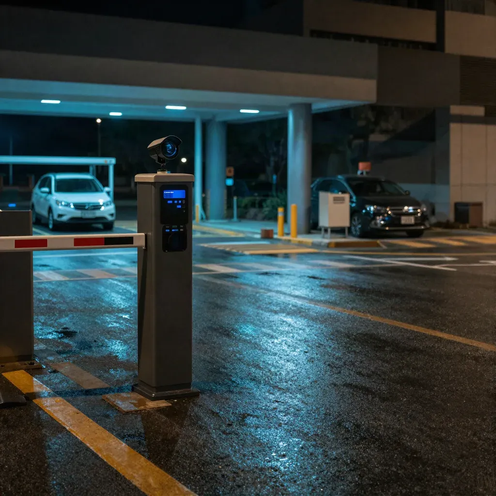 Acceso vehicular con barrera, lector de tarjeta y cámara de reconocimiento de placas de noche