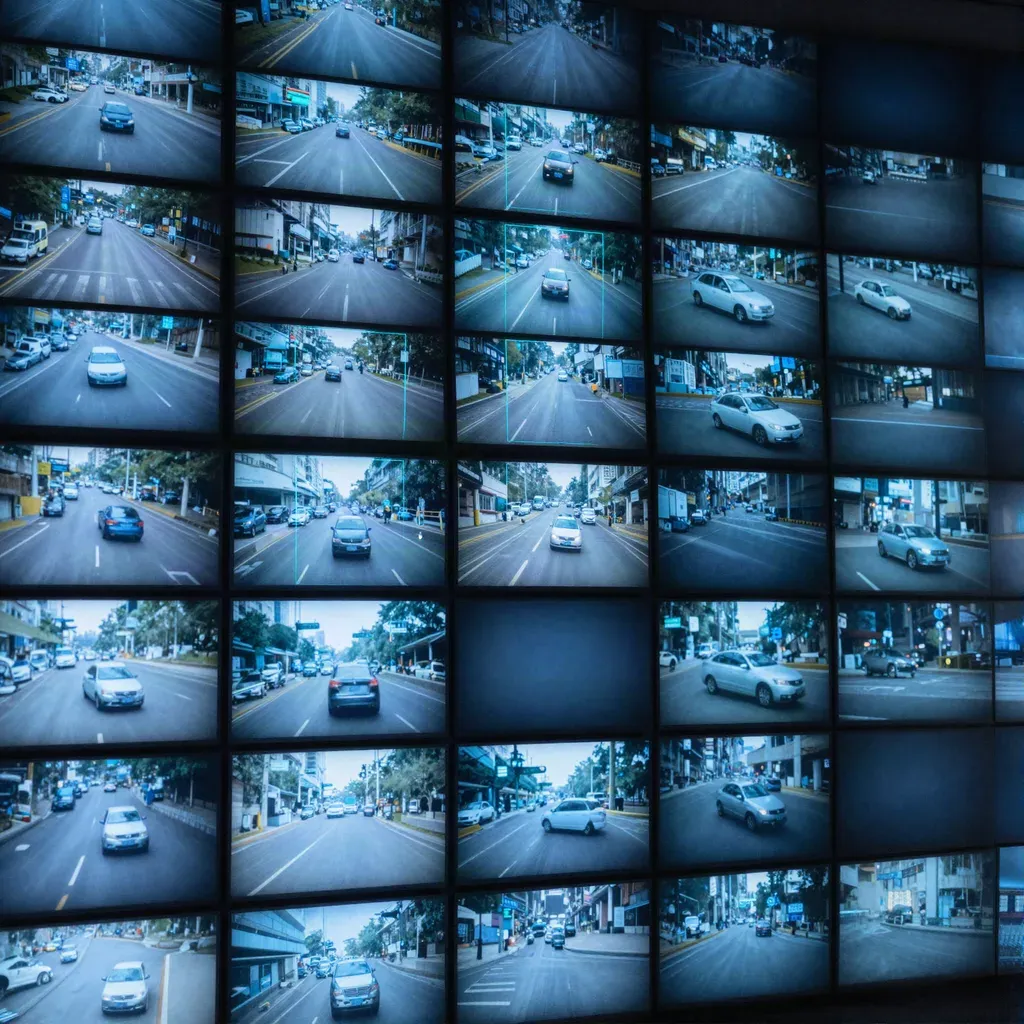 Muro de monitores con decenas de cámaras de calle y recuadros de detección automática
